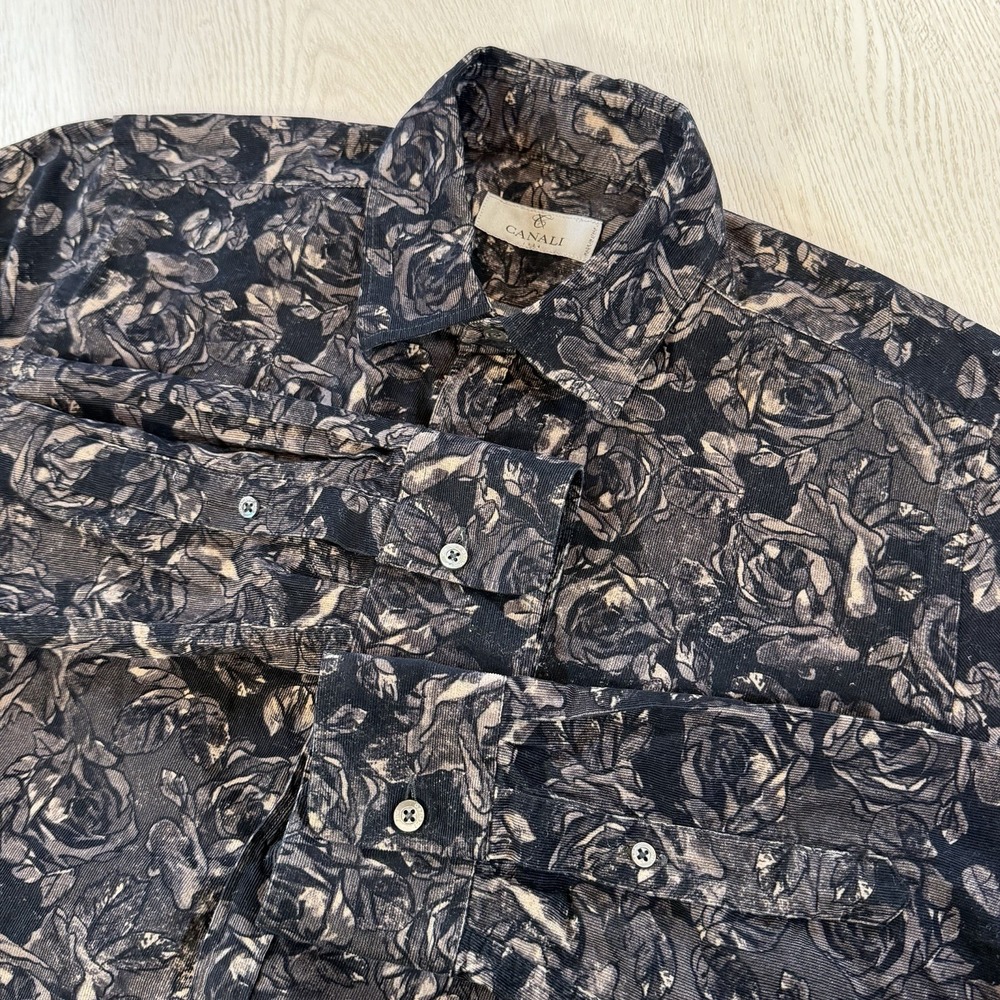 Canali Men's Floral Button Up Long Sleeve Shirt Cotton Size M Made in Italy